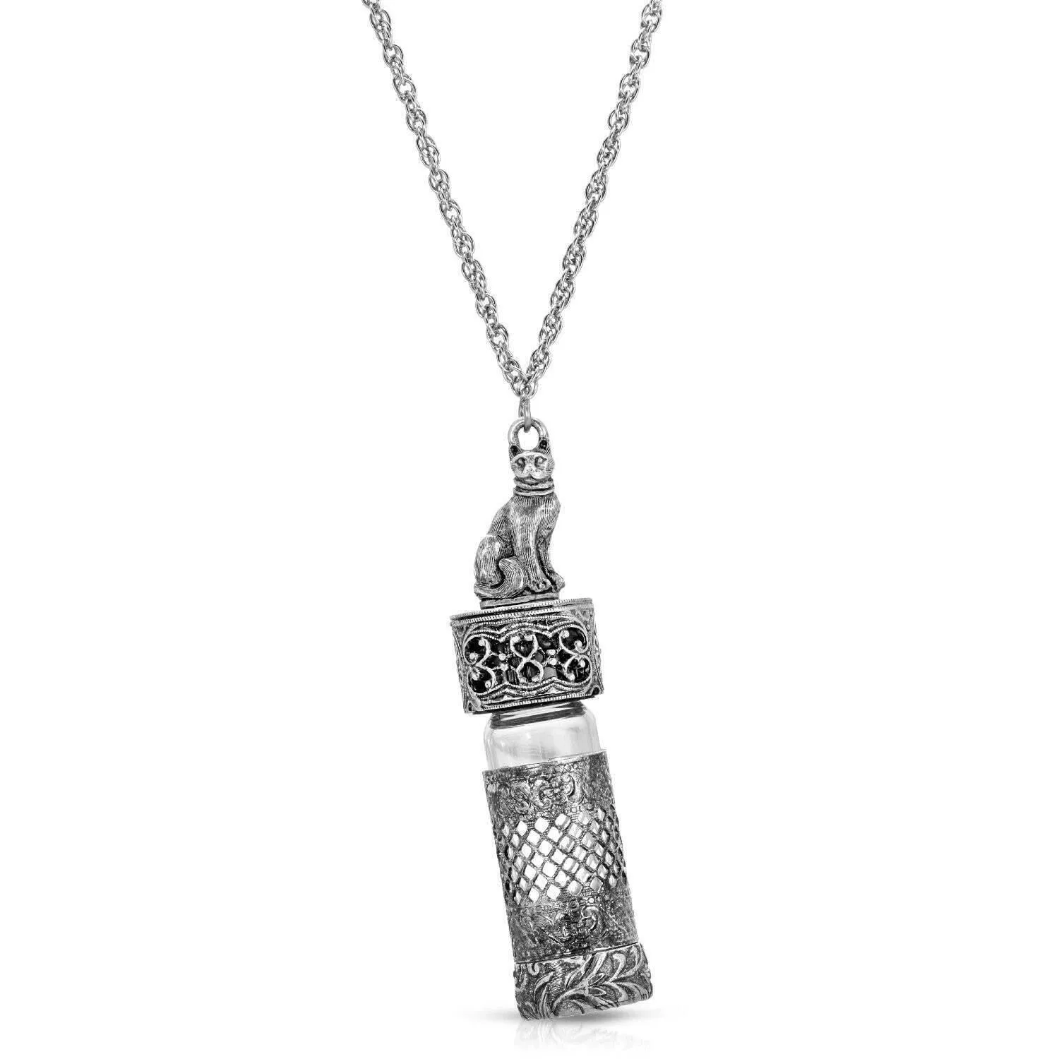 1928 Jewelry Pewter Cat Filigree Screw Cap Vial Necklace For Hand Sanitizer 30