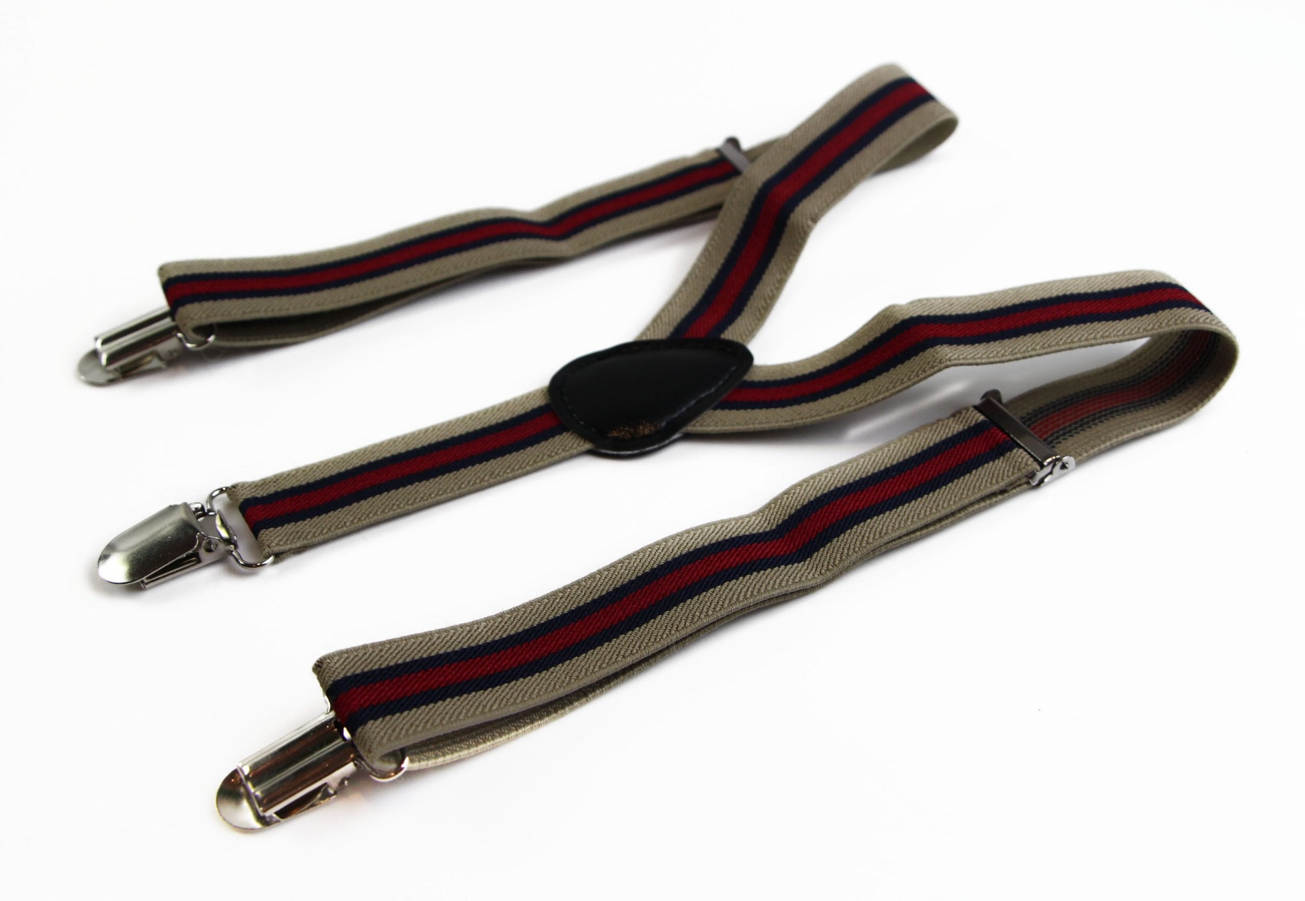 Boys Adjustable Latte, Navy & Red Striped Patterned Suspenders