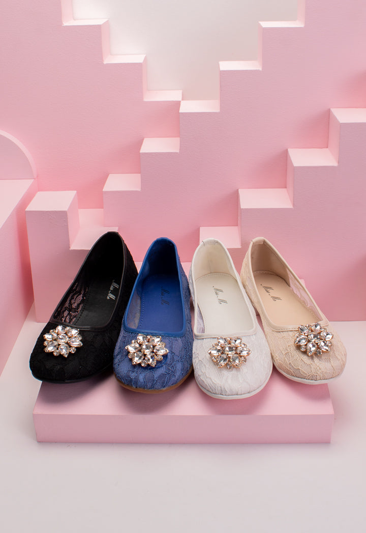 Lace Rhinestone Brooch Flat Shoes