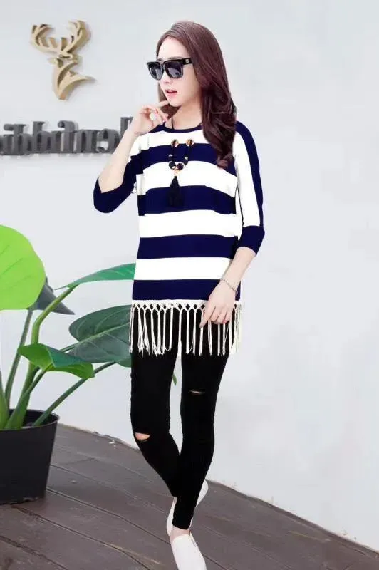 Manra Women Woollen Top - White Blue Strips with Fringe (Necklace included)