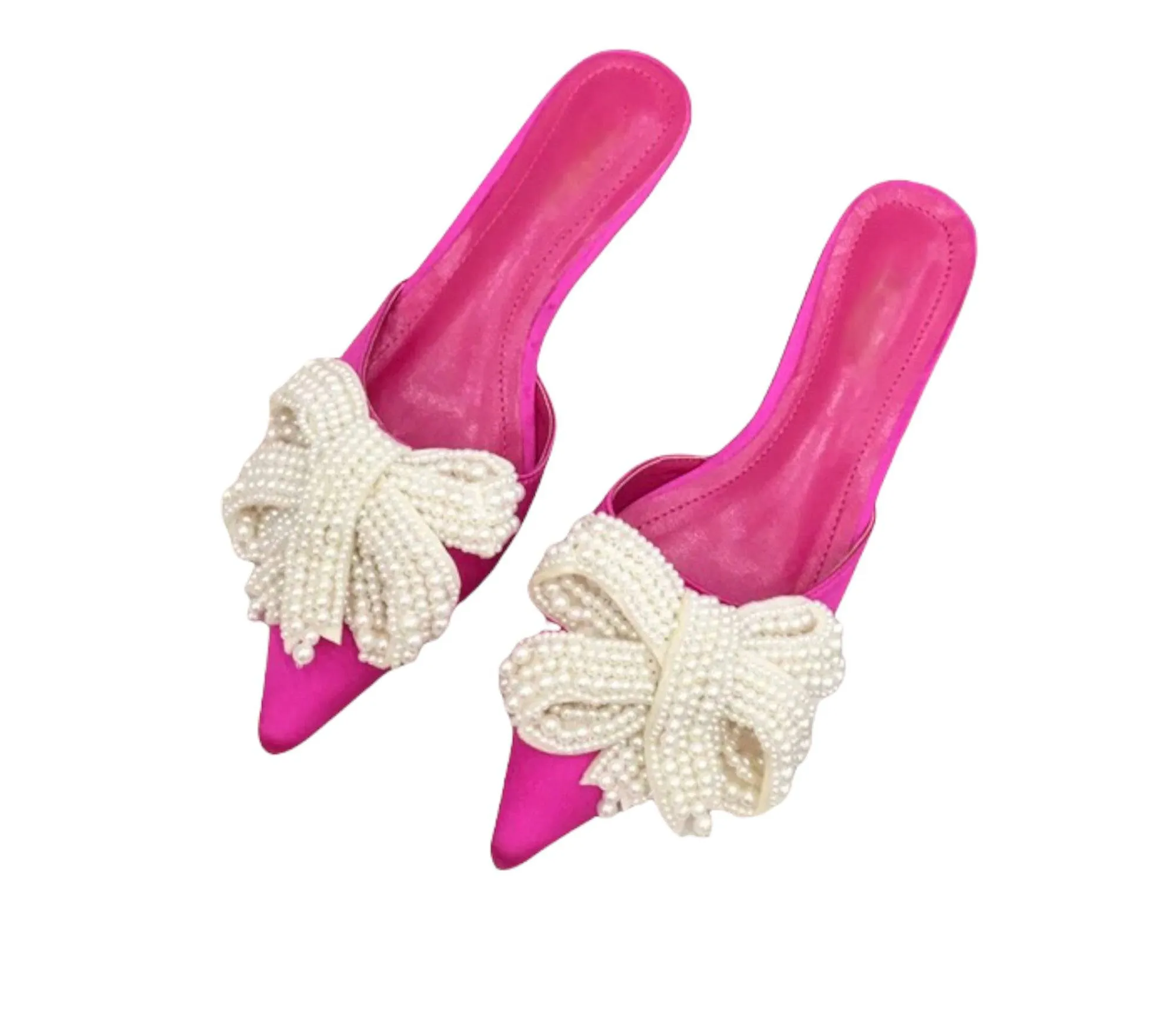 Pointed Toe Pearl Ribbon Silk Slides