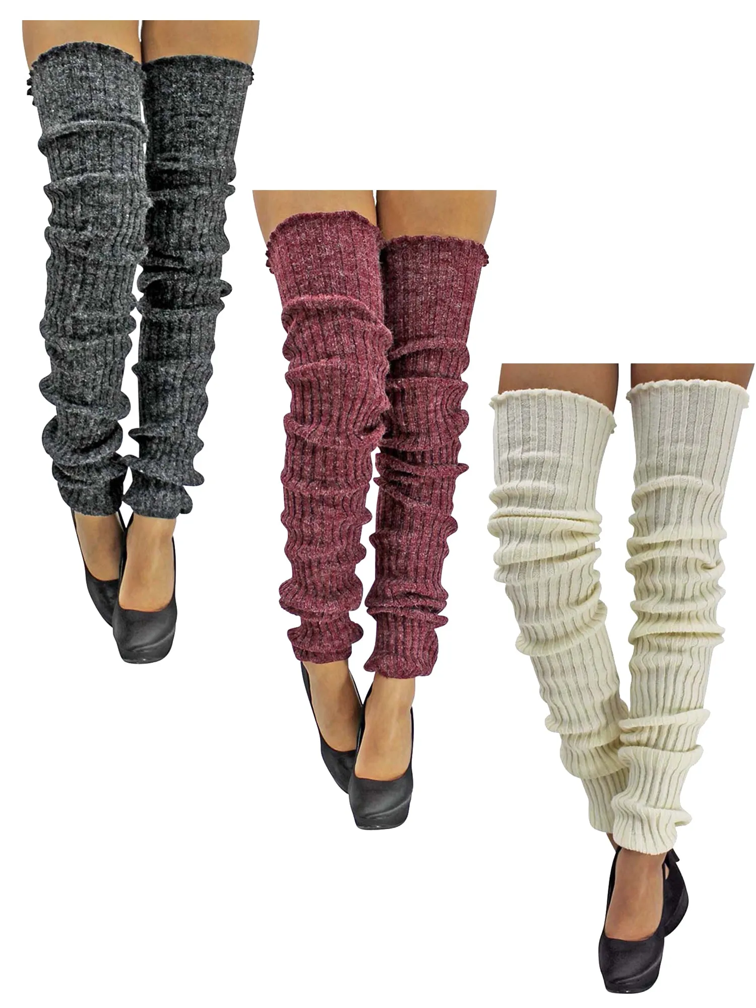 White Burgundy Gray 3-Pack Slouchy Thigh High Knit Dance Leg Warmers